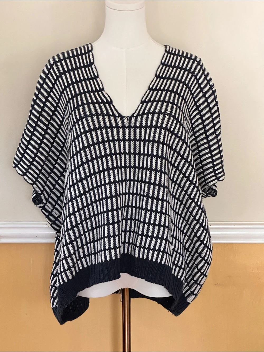 Free People 100% Cotton Navy and White Knit V-Neck Poncho
